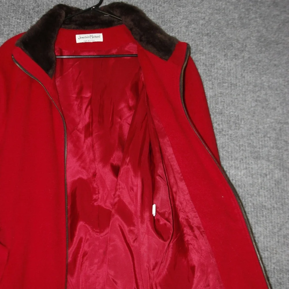 Vintage‎ Jonathan Michael Coat Women 48 Red Wool Blend Faux Fur Trim Belted Zip